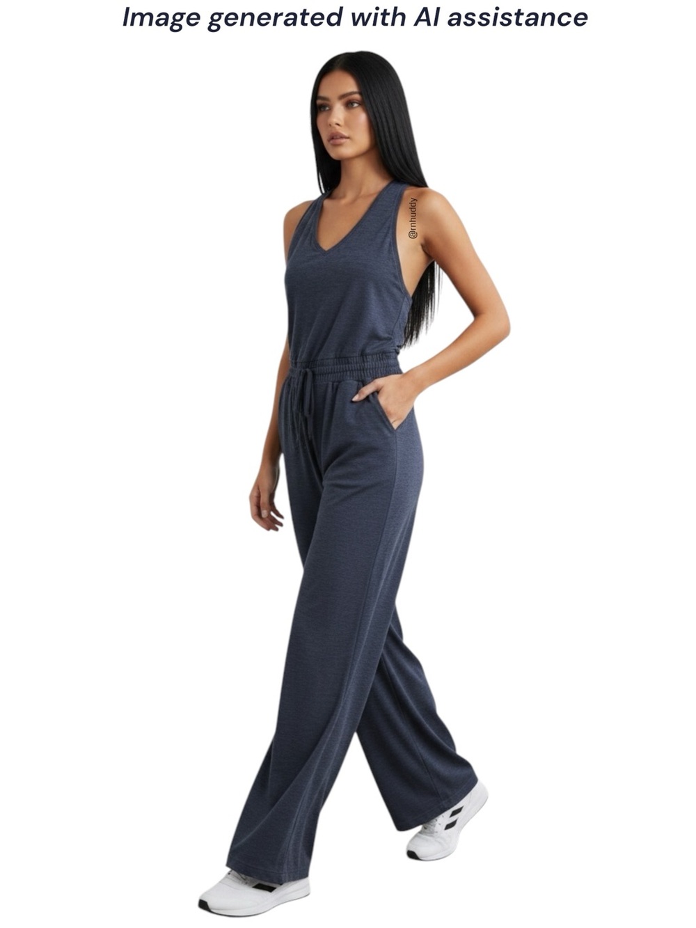FLX L heathered blue wide leg wander cinch waist jumpsuit